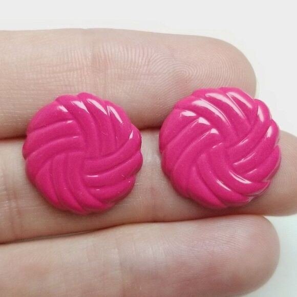 Vintage Hot Pink Enamel Stud Earrings, Swirl Knot Design, Retro 80s Style - Picture 1 of 6